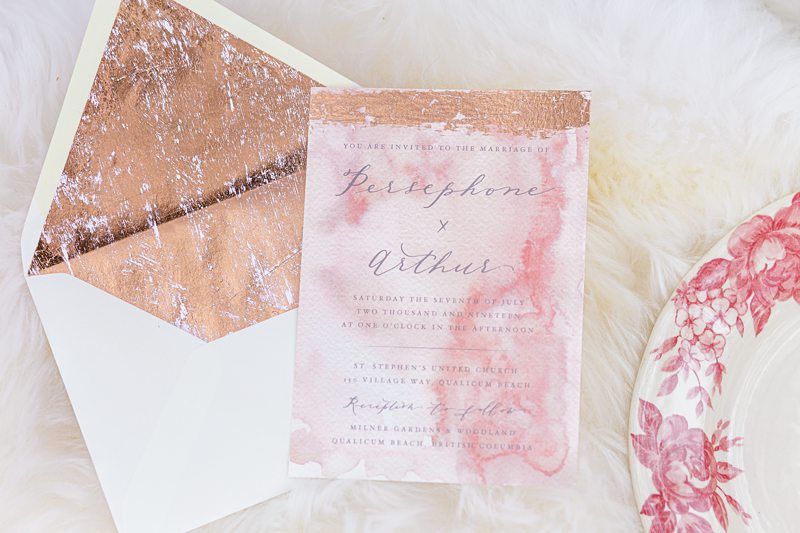 pink and gold wedding stationery
