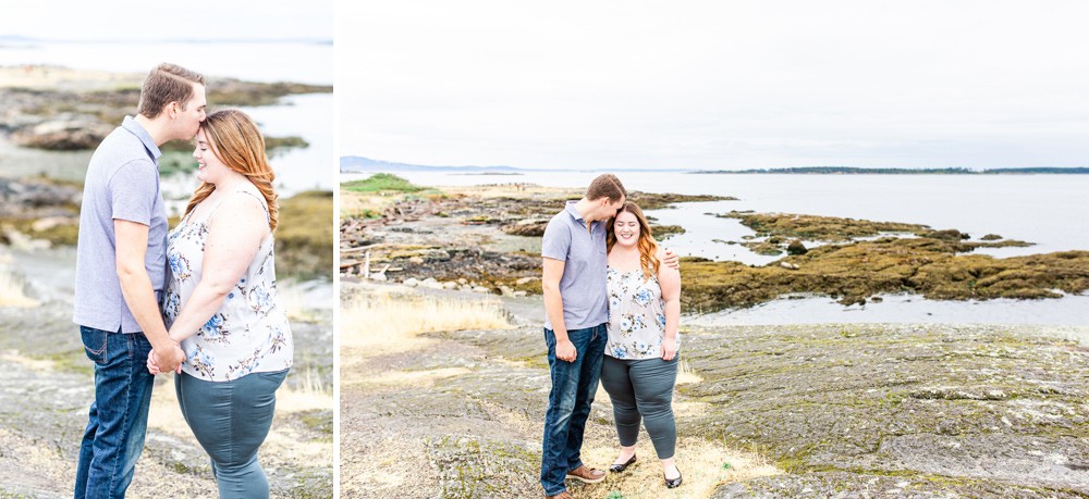 Couple standing together during an engagement session at victoria's cattle point